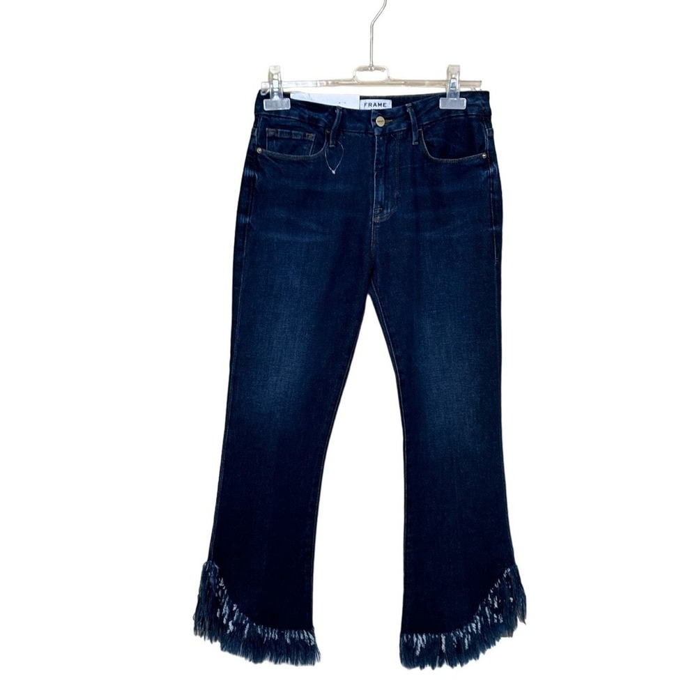 Frame Le Crop Mini Boot Jeans Bayberry Blue Mid Rise Frayed Step Hem 28